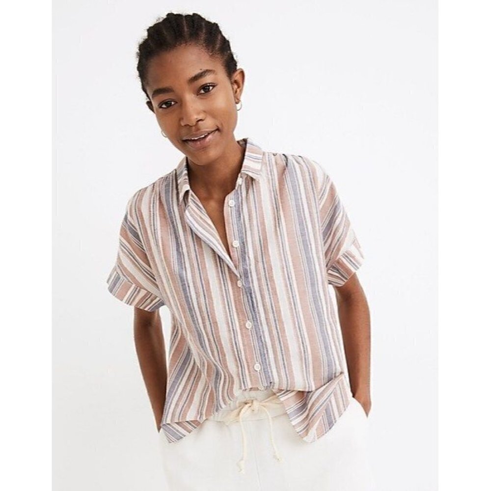 Madewell Linen Blend Hilltop Rainbow Stripe Short Sleeve Button Down XXS
